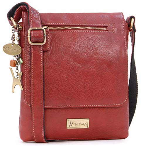 Catwalk Collection Handbags - Leder Umhängetasche Damen - Crossbody Bag/Messenger Bag Mittelgroß - Verstellbarer Schultergurt - Anja - Rot
