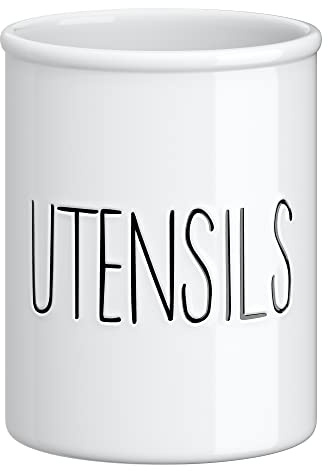 Barnyard Designs Ceramic Utensil Crock Holder for Kitchen Counter, Rustic Farmhouse Countertop Decor, French Country Organizer Caddy for Cooking Utensils, Spatulas and Mixing Spoons, White, 14 x 18cm