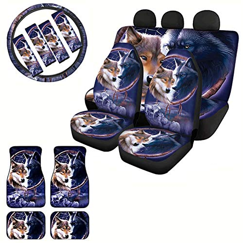 Woisttop Dream Catcher Wolf Auto-Sitzbezüge, Zubehör für Vorder- und Rücksitz, 4 Stück mit 4 Auto-Fußmatten, 1 Lenkradbezug, 4 Gurtpolster, 13 Set, universelle Passform