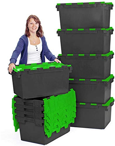 Pack of 10 - Large Plastic 80 Litre Heavy Duty Storage Boxes (71 x 46 x 36.8cm) Plastor Black and Green LC3 Crates with Attached Hinged Lids