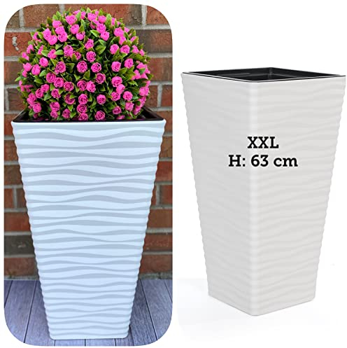 XXL Pflanzkübel Slim Quadratisch 3D Effekt - Wellen - Farbe: Weiß mit Herausnehmbaren Einsatz, BxH: 33 x 63 cm