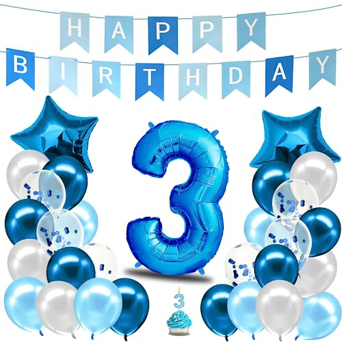 envami® Geburtstagsdeko Jungen Blau Zahl 3. Happy Birthday Deko Geburtstag Junge Folienballon 3 Luftballon 3. Geburtstag Kindergeburtstag Deko 3.