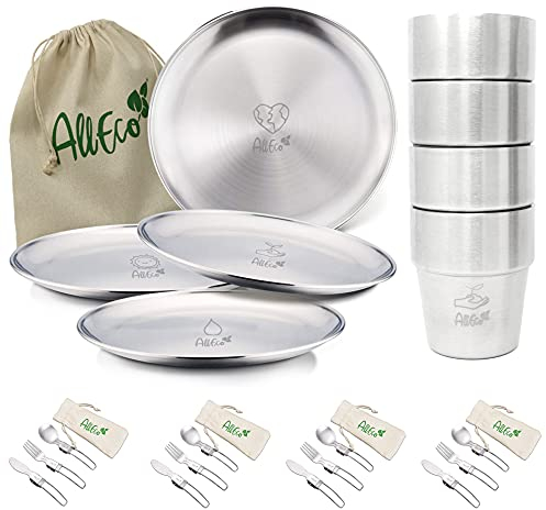 AllEco® Edelstahl Camping Teller Set 4 STK. 20cm Ø Picknick & Camping Geschirr Set 4 Personen Edelstahlteller Outdoor Zubehör Campingküche Campinggeschirr (4 Teller + 4 Iso-Becher + 4 Besteck-Sets)