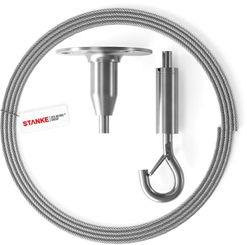 Seilwerk STANKE 4x SET 8B: 2m Drahtseil Edelstahl 7x7 1,5mm, 1x | Deckenbefestigung für Stahlseil, 1x Drahtseilhalter mit Haken einstellbar, zum Aufhängen von Bildern, Postern, Spiegeln