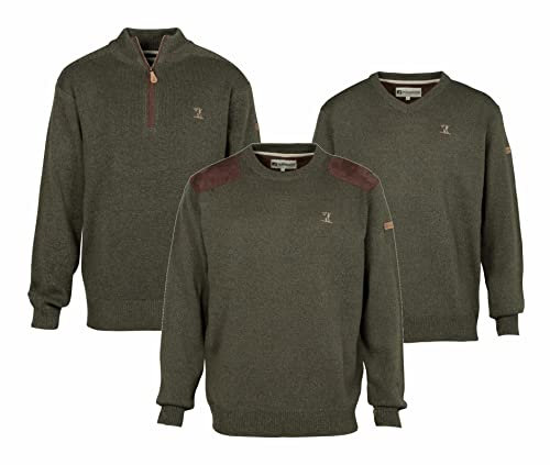 4adventures Percussion Herren Strick Jagdpullover Troyer Rundhals V-Kragen Wolle Grün (Troyer, XXL)