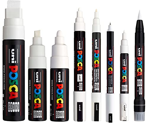 Posca - Water Based Permanent Marker Paint Pen - Multi Surface Use - (PC-17K, PC-8K, PC-7M, PC-5M, PC-3M, PC-1M, PC-1MR, PCF-350) - White Pack of 8 Pens