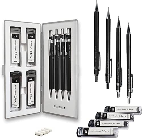 MozArt Druckbleistift-Set mit Etui, 4 Größen: 0,3, 0,5, 0,7 und 0,9 mm, mit je 30 HB-Mine-Nachfüllpackungen und 4 Radiergummis – schwarzer Druckbleistift aus Metall