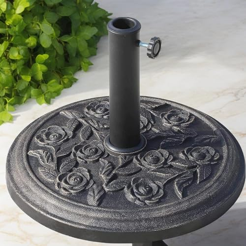 9KG Parasol Base – Weatherproof Heavy Garden Umbrella Stand with Adjustable Knob | Rustproof Cast Iron Effect, AntiTip Floral Design, Fits Patio Parasols & Outdoor Furniture, 45cm Round 𝗘𝗣𝗜𝗦𝗘𝗡𝗧