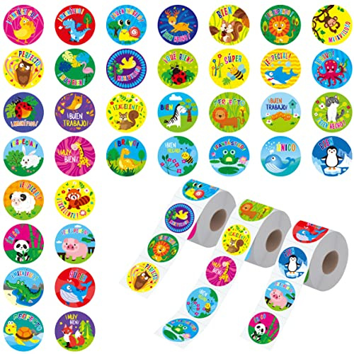 1800 Teacher Reward Encouragement Motivational Spanish Espanol Aufkleber in 36 Tierdesigns für Lehrer, Klassenzimmer (jeder misst 2,5cm im Durchmesser)