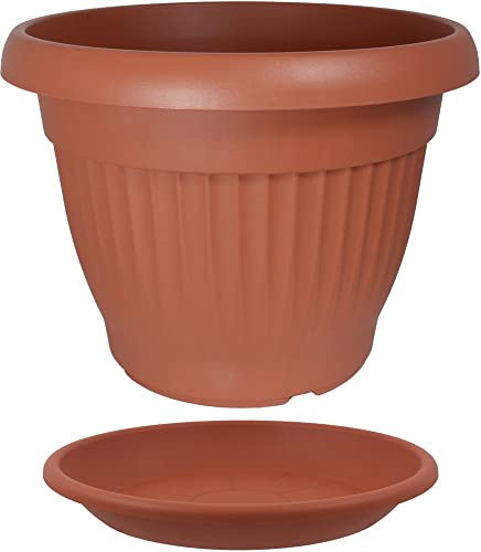 MePla - Blumentopf Pflanzkübel Campana Rippe ø35 cm + Untersetzer ø29 cm, Terrakotta, wetterfest aus UV-beständigem Kunststoff