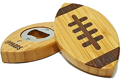 40YARDS American Football Flaschenöffner aus Bambus & Stahl mit fühlbarer Naht inkl. 2 Magnete zur Befestigung