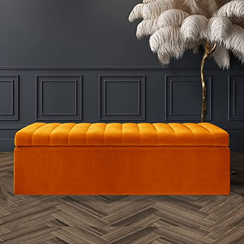 120cm Wide Velvet Ottoman Storage Box - Lined Striped Storage Ottoman - Plush Velvet Upholstered Blanket Box - Velvet End Table - End of Bed Bench - Shoe Storage Bench - Entry hallway Bench