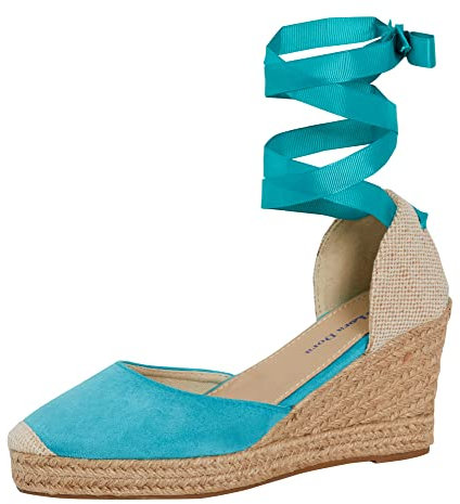 Lora Dora Womens Espadrille Wedge Sandals Strappy Hessian Wedges Ankle Wrap Tie Leg Straps Turquoise UK 5