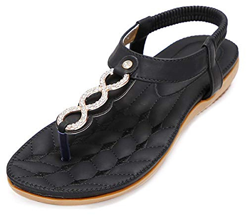 Amissz Femmes Sandales Plates Été Casual T-Strap Strass Bohème Fleur Glisser sur Les Chaussures Tongs de Plage Vacances