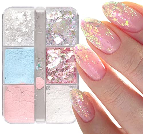 OTKARXUS Nail Art Glitter Sequins,1Box 6Grids Holographic Iridescent Glitter Flakes Nail Art, Magic Mirror Effect Mermaid Nail Art Pigment Powder Chrome Nail Powder for Nail Art Design Decoration