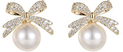 Perlenohrringe Ohrstecker Schleife Ohrringe mit 5A Zirkonia Ohrringe Damen Geschenke für Frauen, New York Goldband Schleife Knoten Kristall Strass Weiße Perle Ohrstecker