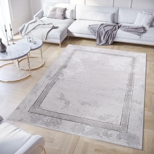 TAPISO Crystal Teppich Kurzflor Glänzend Dunkelgrau Grau Rahmen Streifen Flecken 3D Effekt Wohnzimmer Schlafzimmer Modern Design ÖKO-TEX 300 x 400 cm