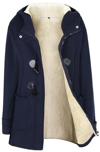 Gihuo Women's Sherpa Lined Jacket Duffle Toggle Coat Fleece Hooded Winter Warm Jacket Sweatshirt, Navy, L