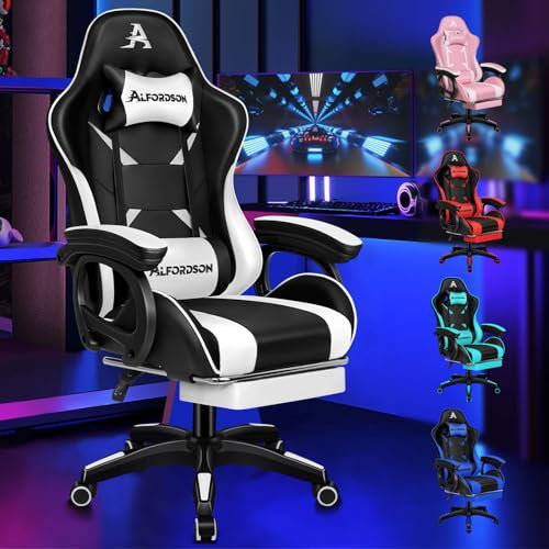 ALFORDSON Silla para Juegos, Silla para Jugadores de Carreras con Masaje de 2 Puntos para Juegos, Silla Ergonómica para Computadora con Cojín Lumbar, Altura Ajustable, Cuero PU, Blanco