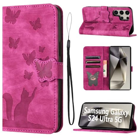 LSPCASA Housse Protection pour Samsung Galaxy S24 Ultra 5G 6.8 Pouces Matériau en Cuir PU Samsung S24 Ultra Coque avec Fentes pour Cartes Coque Samsung S24 Ultra avec Longe Anti Perte Rose