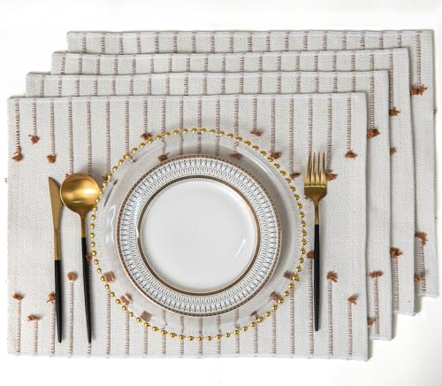Caflife Boho Placemats Set of 4 for Dining Table Decor, Brown and Beige Woven Cloth Place Mats for Farmhouse Kitchen Tabletop, Table mats 13 x 19 Inch