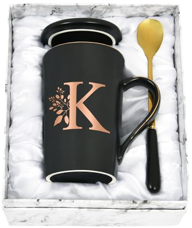 Joymaking Personalisierte Tasse mit Buchstaben Kaffeetasse mit Blumen Motiv, Namen Initiale persönliche Geschenke Kaffeetasse für Frauen Freundin, K - 400ml Schwarz