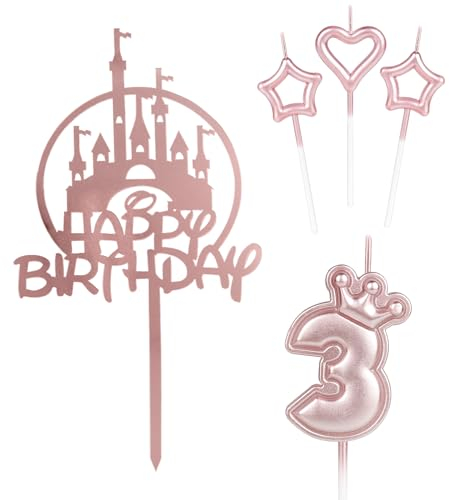 Happy 3rd Birthday Candles Cake Toppers, Pink Castle Cake Topper, Crown Number 3 Candle for Cake, Pink Candles Cake Cupcake Topper for Girls Baby Birthday Party 3rd Wedding Anniversary Decorations