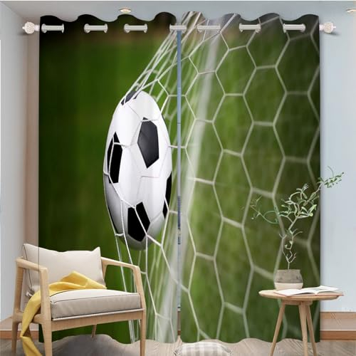 FABTOP Fußball Gardinen Verdunklungsgardine, Fußball Vorhänge Blickdicht Verdunkelungsvorhang, Sport Fußball Gardinen Mit Ösen Jungen Kinder (7,100×140BxH (50×140cm×2))