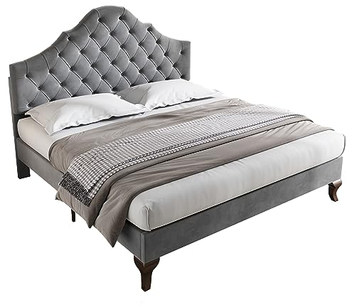 Azkoeesy Polsterbett mit Lattenrost, mit Kopfteil in Kronenform, für Kinder, Mädchen, Jugendliche, Bezug aus Samt (Grau, 90x200 cm)