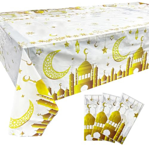 XNIVUIS Ramadan-Tischdecke, 130 x 220 cm, Weißgold, Eid-Dekorationen, Tischdecke, Kunststoff, Mondstern, Ramadan-Dekorationen für Eid-Ramadan-Dekorationen, Islam, muslimische Party, Weiß, 3 Stück