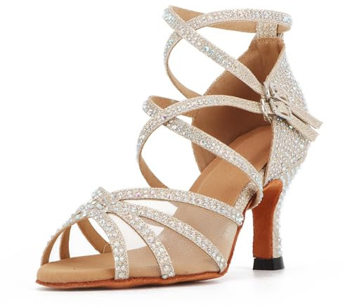 Taoyoule Zapatos de Baile para Mujer Salsa Baile Latino Tacón con Purpurina Diamantes de Imitación Samba Tango Práctica de Salón Zapatos de Baile Tacón de 7.5 cm