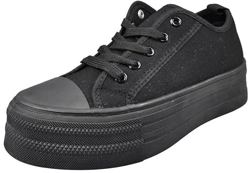 LoudLook Ladies Platform Trainers Canvas Pumps Gym Lace Up Comfy Heel Summer Casual Shoes Sizes Black 4