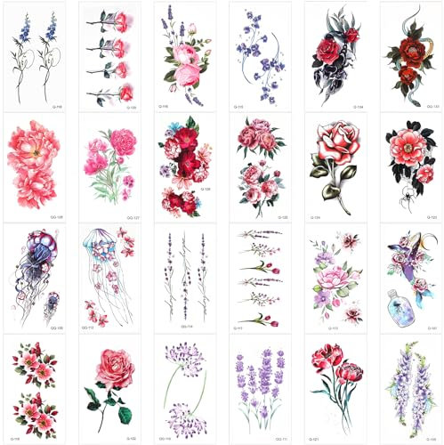 24 Blätter Blumen Temporäre Tattoos Aufkleber, Rose Lavendel Blumentattoos, Wasserfeste Klebetattoos für Erwachsene, Fake Tattoo Aufkleber zum Aufkleben Auf Die Haut Kindertattoos Mädchen