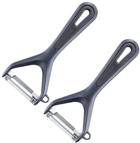 Westmark 2 Pelapatate per Verdure e Asparagi con Taglierina Gentle – Per sbucciare frutta e verdura, lama in acciaio inox, con protezione della lama – Nero, 280222E3