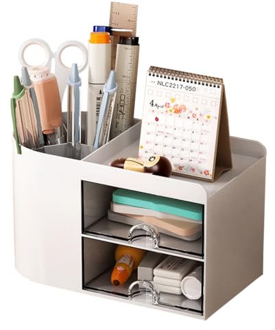 ZMREN Organisateur de Bureau Blanc en Plastique avec 4 Compartiments, 2 Tiroirs Coulissants, Organiseur Bureau, Papeterie Pot à Stylo Organizer, pour Bureau, Maison, École