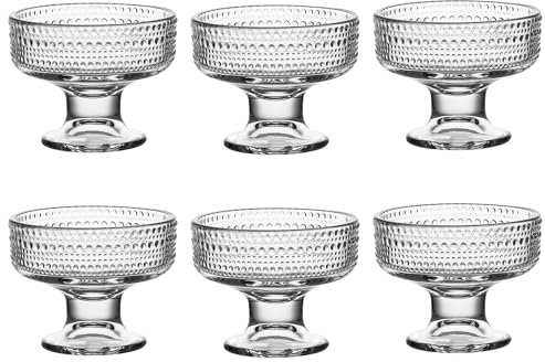 binsakao Glass Ice Cream Bowl Set of 6, Small Clear Mini Footed Dessert Cups for Fruit Pudding Trifle Parfait Sundae Nuts Cocktail Drinks Party (6.3 oz / 189 ml, Hobnail)