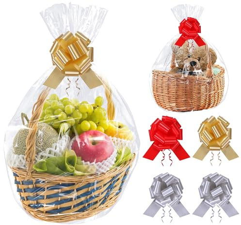 GXFCING 6 Bolsas de Celofán Grandes de 100 x 70 cm Bolsas de Regalo Transparente, con 6 Cinta de Arcos y 6 Cierres de Alambre para Cestas de Regalo, Ramos, Manualidades, Envoltorio de Regalo