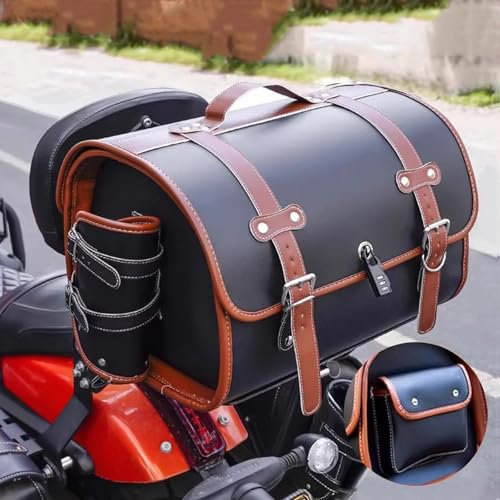 VAEVEN Hecktasche für Vespa GTS GTV 250 300, Leder Wasserdichter Retro Motorrad Tasche, Große Kapazität Aufbewahrungstasche, Zubehör, E Black + Brown