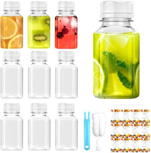 BPA-free 5oz/150ml Plastic Juice Bottles - 9 Mini Leak-proof Reusable Shot Bottles for Smoothie, Juice, Water, Milk (White)