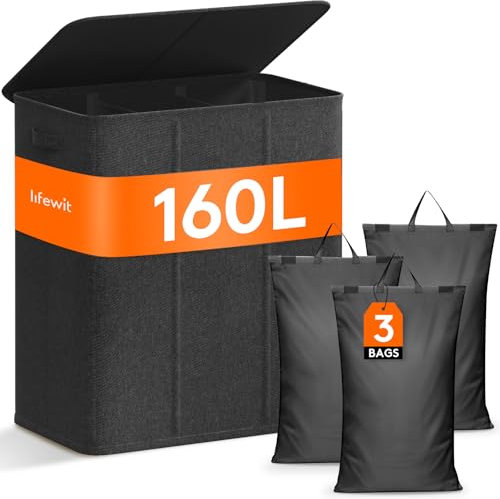 Lifewit 160L Extra Large Laundry Hamper with Lid, Laundry Basket 3 Section with Removable Washing Bags, Divided 3 Compartments Laundry Sorter Organizer for Bedroom Bathroom Laundry Room, Dark Gray