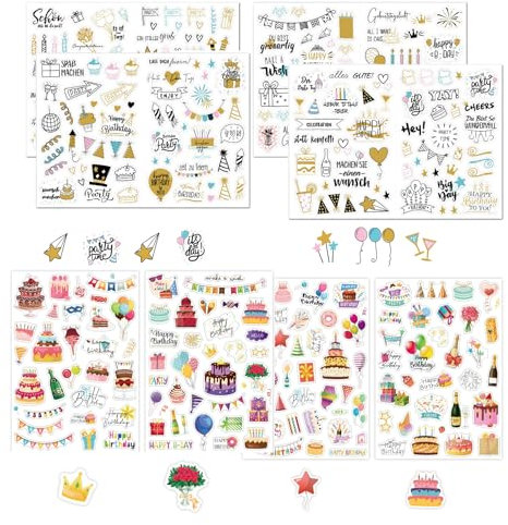 Geburtstagssticker Set: 8 Stück, Sticker für Fotoalbum, Gästebuch, Party Dekoration & mehr
