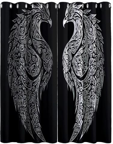 CozyRest Vorhang Blickdicht ösen 2er Set Schwarzer Stammesvogel Muster Gardine Lichtundurchlässig Fenstervorhang Wohnzimmer Schlafzimmer Nordische Mythologie Vorhänge Größe: H160 x B70cm
