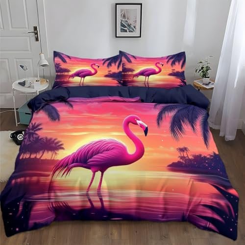 Bettwäsche Set 135x200cm Flamingo-Palme Bei Sonnenuntergang Bettbezug Set, Weich Antiallergen Bettbezüge mit Reißverschluss und 2 Kissenbezüge 80x80 cm für Kinder Erwachsen Jugendliche