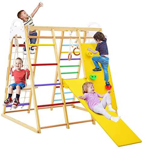 HOMASIS 8 in 1 Sei di Arrampicata per Bambini in Legno, Scivolo per Bambini per 1+ Anni, Parco Giochi per Bambini da Interno con Altalena/Anelli/Trapezio/Rete (Colorato)
