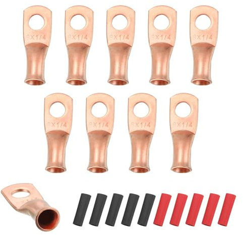sourcing map 10pcs 8 AWG M6 Battery Lugs Ring Terminals, 1/4 6mm Stud Crimp Wire Terminal Connector End Copper, 3:1 Heat Shrink Tubing, Gold
