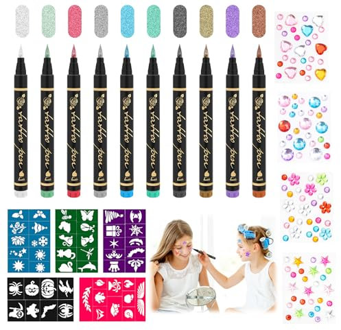LTFIOON Kit Tatouage Enfant, Tatouage Paillette, Tatouage Temporaire avec 10 Stylos Tatouage 5 Pochoir Tatouage et 4 Autocollants,Stylos Tatouage Temporaire pour Enfant, Carnaval, Halloween