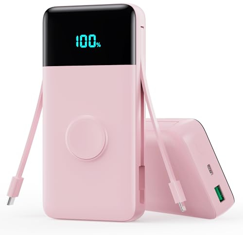 Trswyop Power Bank 26800mAh con Cargador i-Watch, 25W PD+QC4.0 USB C Carga Rápida Batería Externa con 2 Cables Integrados, 5 Salidas Cargador Portátil LCD Compatible con Apple Watch, iPhone, Samsung