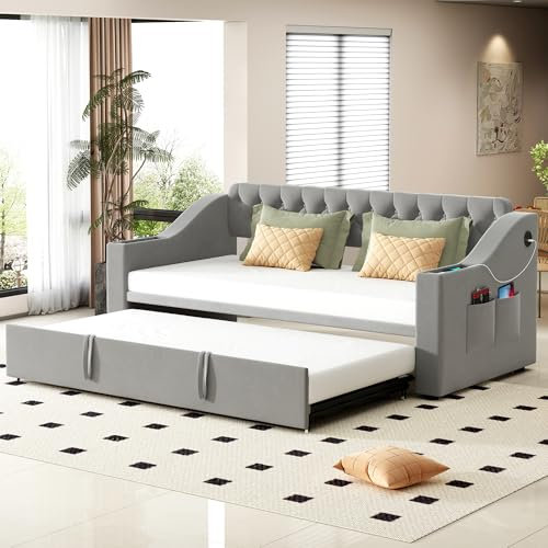 Sofá cama cama cama funcional 90 x 190 cm con cama nido convertible en cama de matrimonio 180 x 190 cm con puerto USB, espacio de almacenamiento en reposabrazos, tela aterciopelada (gris)
