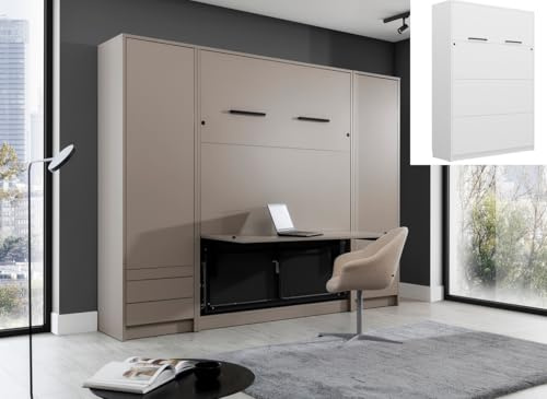 QMM Schrankbett Wandklappbett vertikal GN 120x200 mit Schreibtisch, LED und 2 Schränken weiß, Eiche, Congo Schlafzimmer Set (Weiß)