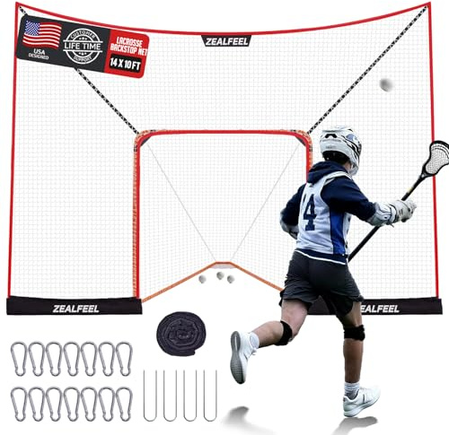 ZEALFEEL Lacrosse Backstop-Netz, extra große Abdeckung, Lacrosse Tor-Rücklaufnetz mit 14 mm Schaumstoffumwickelter Fiberglasstange, 4-strängiges reißfestes Netz, Sandsack und Heringe, für